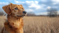 Golden-brown mixed breed dog with fluffy fur looking up thoughtfully against blurred autumn field background and cloudy sky, showcasing loyal companionship and natural beauty.