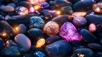 Magical glowing gemstones and crystals scattered among smooth river rocks with ethereal light effects creating mystical atmosphere for fantasy designs.