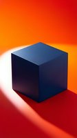 Dark blue cube on vibrant orange and red gradient background with dramatic lighting and shadows for modern design projects.