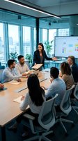 Professional businesswoman leading team meeting in modern conference room with diverse colleagues discussing strategy and project planning.