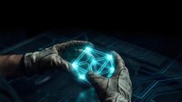 Hands holding glowing geometric network sphere with blue light connections on dark digital background, representing technology, innovation, data science, artificial intelligence, and future computing solutions.