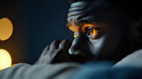 Close up portrait of young African American man's eyes illuminated by warm light against dark background, creating dramatic contrast and emotional depth.