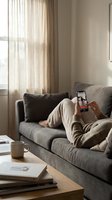 Young woman relaxing on a gray sofa at home, scrolling social media on smartphone in a cozy Scandinavian-style living room.