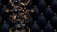 Luxurious black leather upholstery pattern with golden ornate baroque decorative elements and gemstones on quilted texture background for interior design.