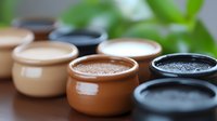Small ceramic pots with natural clay colors arranged in row, filled with different spices and seasonings against blurred green background, selective focus.