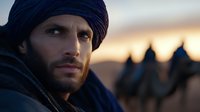 Middle Eastern man in traditional blue turban looking into distance at sunset, desert tents silhouetted against golden sky. Dramatic portrait captures cultural heritage.