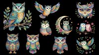 Colorful decorative owl collection with ornamental patterns, floral elements, and detailed wings isolated on transparent background. Ready for t-shirts, stickers, clipart, sublimation, and print-on-demand designs.