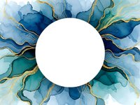 Abstract watercolor frame with flowing blue and teal shapes accented by golden lines, creating elegant border for text or logo placement.