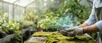 Professional gardener holding soil with digital plant growth icons in modern greenhouse for sustainable agriculture and organic farming concepts.