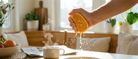 Caucasian male hand squeezing fresh orange slice over ceramic mug in bright kitchen, ideal for beverage, wellness, and lifestyle content.