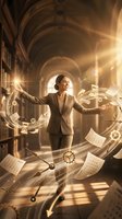 Businesswoman in beige blazer managing digital workflow with floating documents and icons in golden-lit arched corridor, representing productivity and business management solutions.