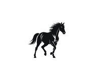 Black horse silhouette galloping with flowing mane and tail isolated on white background for logos, decals, and graphic design projects.