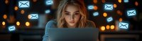 Young woman working late on laptop with glowing email icons floating in dark background, bokeh lights create magical atmosphere for digital communication.