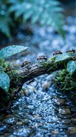Group of red ants walking across moss-covered branch over flowing stream in lush forest environment with water droplets and natural green foliage background.