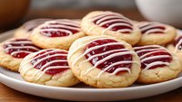 Homemade butter cookies with raspberry jam filling and white chocolate drizzle served on white plate, close up view of fresh baked holiday treats.