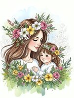 Mother and daughter with floral crowns embracing in watercolor style with roses, leaves and botanical elements for greeting cards and family designs.