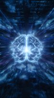 Glowing digital brain surrounded by radiating blue light streams and binary code background, representing artificial intelligence and neural networks.
