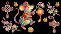 Lunar New Year rat clipart set with lantern, peach blossoms, oranges, and lucky knots, isolated on transparent background. Great for stickers, T-shirts, print on demand.