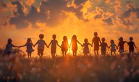 Silhouettes of diverse children holding hands in sunset meadow, backlit figures creating unity and friendship scene against dramatic orange sky and wildflowers.