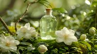 Glass bottle with essential oil surrounded by fresh jasmine flowers on green moss background with natural bokeh lights, aromatherapy and spa concept.