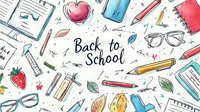 School supplies and stationery elements in doodle style with pencils, glasses, books, ruler, and autumn leaves scattered on white background. Back to school concept.