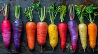 Fresh rainbow carrots in vibrant colors from purple to red and yellow arranged in row on dark background. Organic heirloom vegetables with green tops.