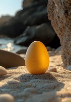 Golden egg nestled in sand on beach at sunset, with rocks and sparkling water in background, creating magical natural lighting and mysterious atmosphere.