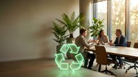 Corporate team discussing green business sustainability strategies with recycling symbol in modern eco-friendly office meeting room.
