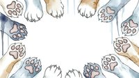 Watercolor dog and cat paws forming circular frame on white background. Pet adoption, veterinary care, animal shelter concept for greeting cards and posters.