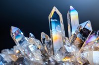 Clear quartz crystal cluster with prismatic points displaying rainbow reflections and natural formations on dark background for healing and meditation.