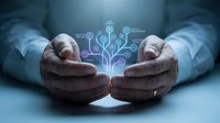 Businessman hands protecting glowing digital tree with technology icons representing growth, innovation and digital transformation in modern business.