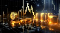 Glowing golden cryptocurrency coins with financial chart background showing market trends and digital trading data in dark futuristic setting.