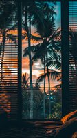 Tropical sunset view through window blinds with silhouettes of palm trees against orange and teal sky creating moody vacation atmosphere.