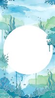 Watercolor underwater ocean scene with white circle frame, coral reef elements and seaweed for marine themed designs and aquatic backgrounds.