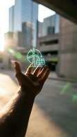 Hand holding glowing green renewable energy icons with wind turbine and solar panel in urban cityscape background for sustainable technology concepts.