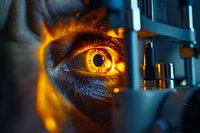 Close-up macro shot of human eye with bright orange and yellow light reflection, dramatic cyberpunk style lighting creating futuristic atmosphere.