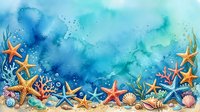 Underwater ocean scene with colorful starfish, seashells and coral on sandy bottom. Watercolor marine life border for summer vacation designs.