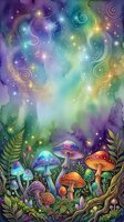 Mystical forest floor with glowing mushrooms, swirling cosmic energy, and magical lights creating an enchanted woodland scene for fantasy and spiritual design projects.