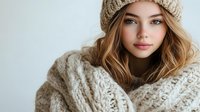 Young woman with natural makeup wearing cozy knitted beige sweater and matching winter hat, looking at camera with gentle smile against light background.
