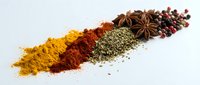 Colorful spice powder line with turmeric, paprika, herbs, star anise and peppercorns arranged on white background for culinary cooking and seasoning.