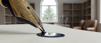 Fountain pen with gold nib writing on white paper in bright home office with blurred background, suitable for writing, education, and business content.