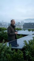 Middle-aged Caucasian male professional inspecting solar panels on urban rooftop with city skyline backdrop. Renewable energy concept for sustainability marketing.