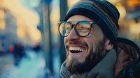 Joyful bearded Caucasian man wearing glasses and winter beanie laughs genuinely outdoors at dusk, with blurred city lights creating warm bokeh background.