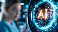 Young businesswoman looking at glowing AI text in futuristic digital sphere with blue energy particles, representing artificial intelligence technology.