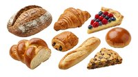 Assorted fresh baked goods including artisan bread, croissants, pastries and fruit tart isolated on white background for bakery, cafe and food service design projects.
