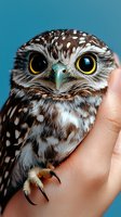 Small burrowing owl with bright yellow eyes being gently held in human hands against turquoise background for wildlife conservation education.