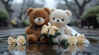 Romantic teddy bears couple with cream roses on wet surface, brown and white plush toys with bow tie sitting together surrounded by flowers in rain.