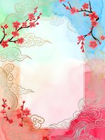 Cherry blossom branches with ornate clouds frame pastel gradient background for spring greeting cards, wedding invitations and Asian-inspired designs.