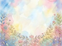 Watercolor floral border with pastel gradient background, featuring delicate flowers and leaves in soft pink, blue, yellow and purple tones for design projects.