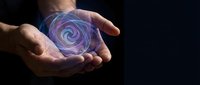 Hands holding glowing purple spiral energy vortex with luminous trails against dark background for digital art and futuristic technology concepts.
